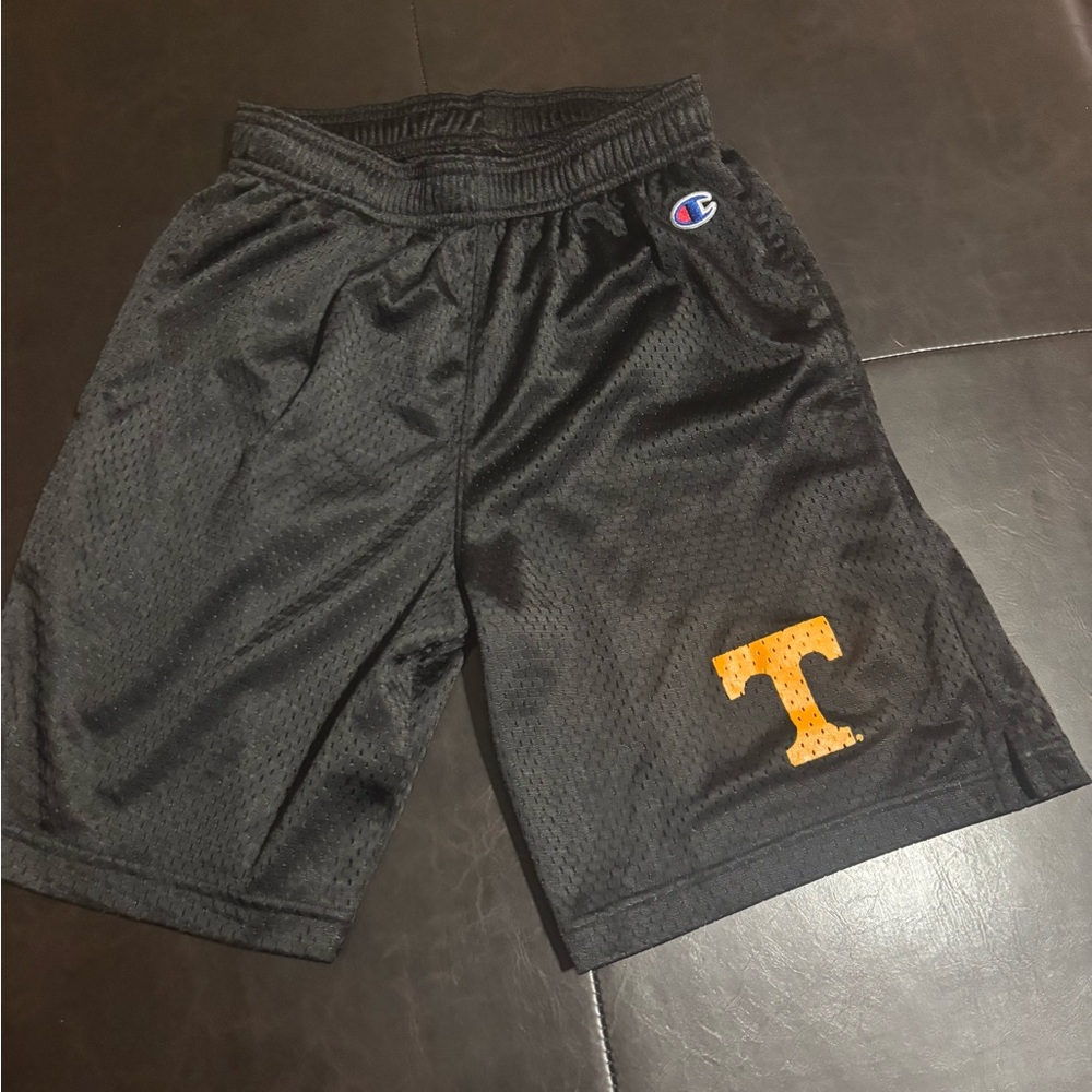 Champion Black Mesh Shorts with Orange T Logo